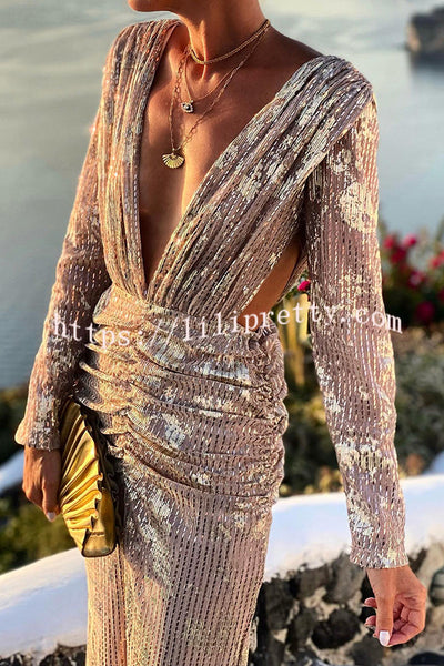 Magic Evening Glitter Fabric Side Cutout Long Sleeve Ruched Formal Maxi Dress