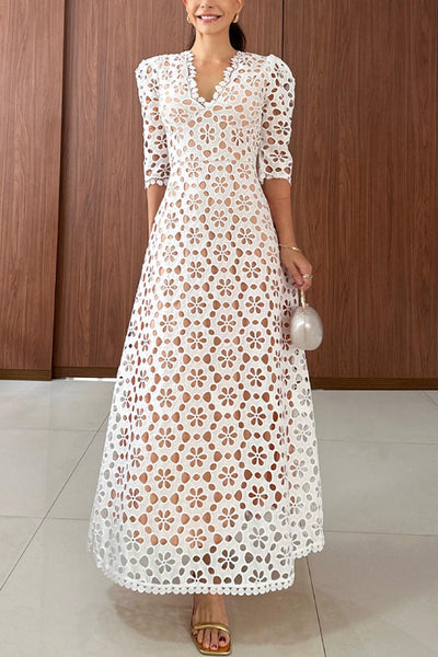 Best Day Ever Crochet Floral Lace Puff Sleeve Lined Maxi Dress