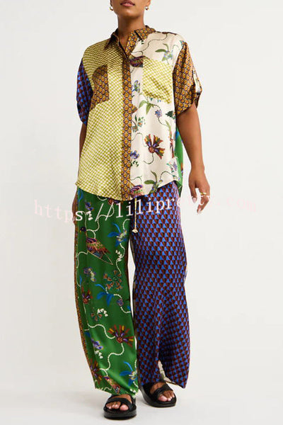 Lilipretty Nia Satin Unique Print Patchwork Elastic Waist Pocketed Wide Leg Pants