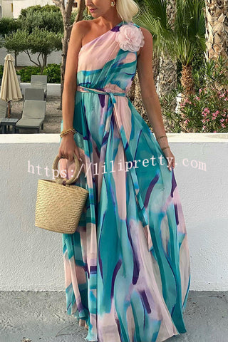 Summer Pastels Printed Flower Pendant One Shoulder Belt Maxi Dress