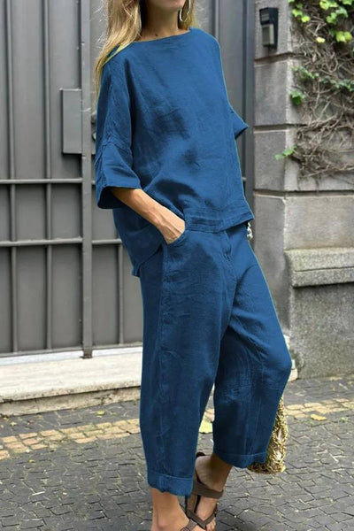 Casual Solid Color Crewneck Top & Pants Cotton Linen Two-piece Set