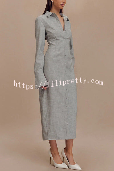 Elegant Energy Button Up Long Flare Sleeve Fitted Shirt Midi Dress