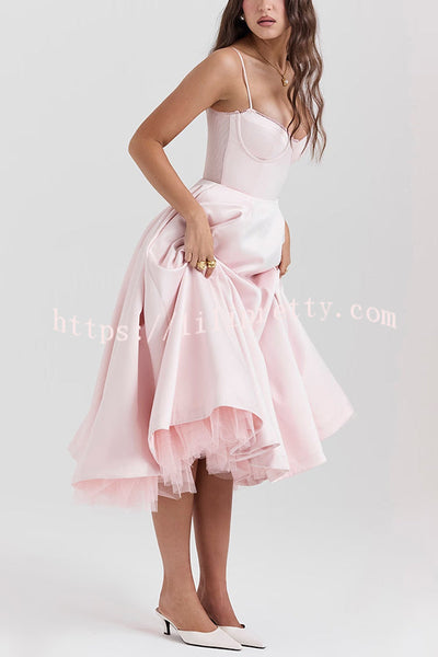 Fairytale Vibe Satin Patchwork Tulle Sweetheart Neck Pocket Stretch Midi Dress