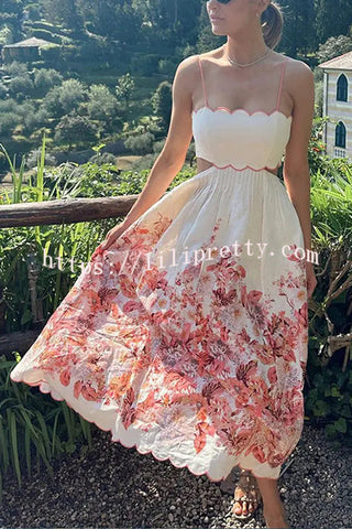 Cabo Sunsets Floral Print Petal Trim Back Lace-up Pocket Midi Dress