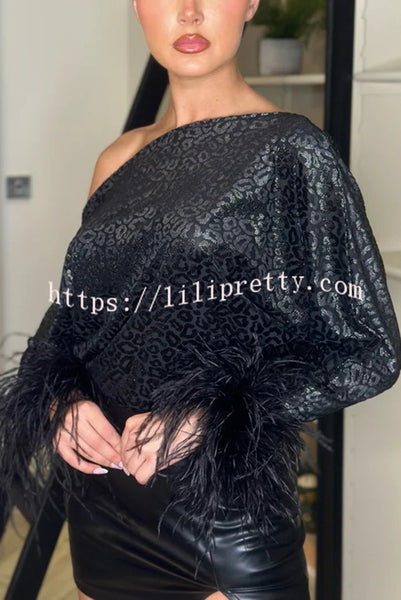 Party Holy Items Off Shoulder Feather Trim Sleeve Loose Blouse