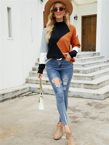 Fashionable Round Neck Splice Bump Color Loose Pullover Half Turtleneck Knit Sweater-Corachic