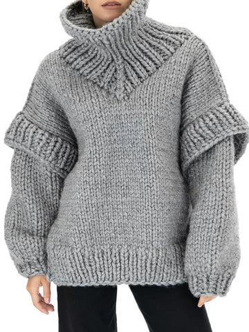 Simple Long Sleeves Loose Split-Joint Crochet High-Neck Sweater Tops