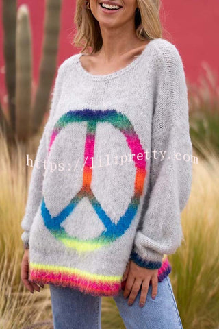 Lilipretty Love and Peace Knit Rainbow Pattern Loose Pullover Sweater