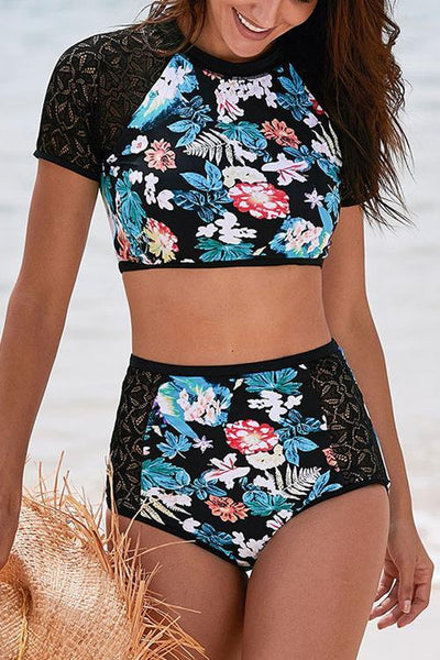 Lace Floral Patchwork High Waist Bikini Set - girlyrose.com