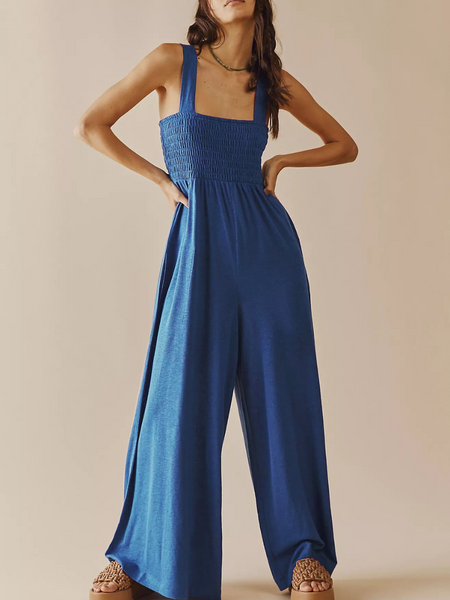 SHORE VACAYS SMOCKED POCKETED WIDE LEG JUMPSUIT - BLUE