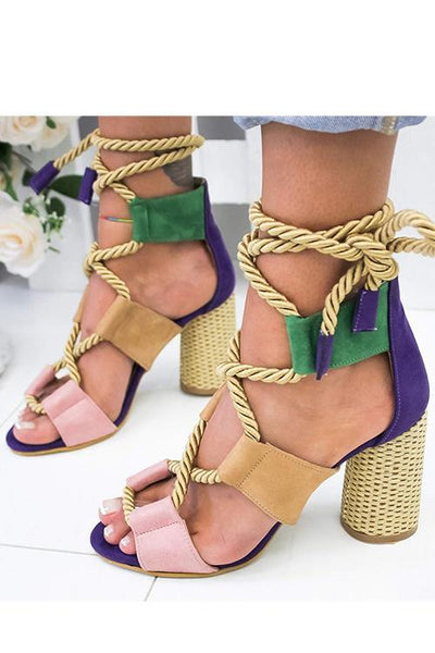 Lace Up Color Block High Heel Sandals - girlyrose.com