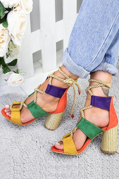 Lace Up Color Block High Heel Sandals - girlyrose.com