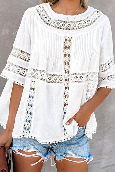 Hollow Half Sleeve Loose Blouse - girlyrose.com