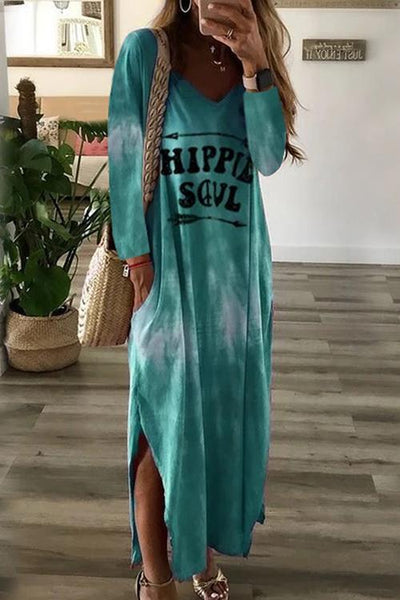 Letter Side Slit Long Sleeve Maxi Dress - girlyrose.com