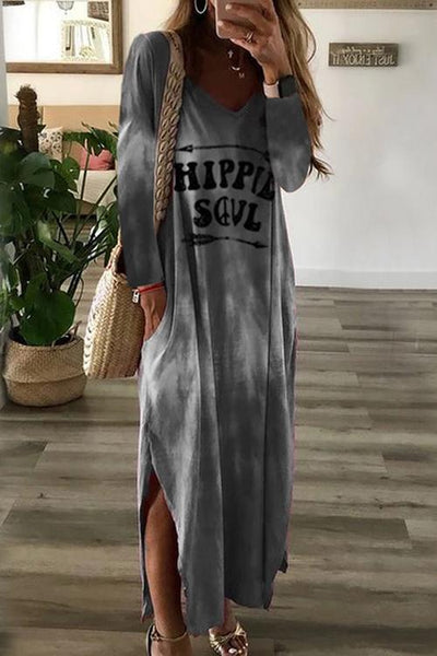 Letter Side Slit Long Sleeve Maxi Dress - girlyrose.com