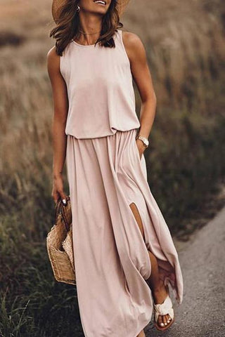 Pockets O Neck Sleeveless Slit Maxi Dress - girlyrose.com