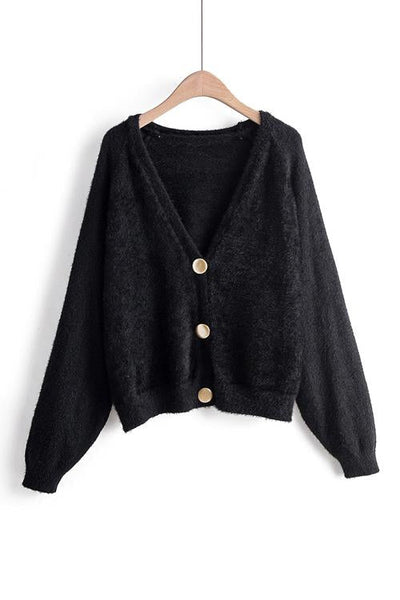 Fuzzy Button V Neck Cardigan