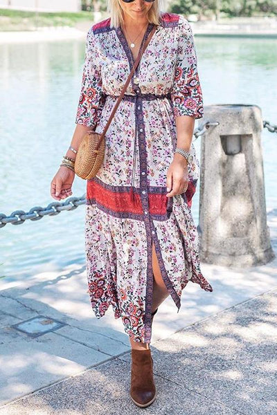 Floral Print Button Maxi Dress - girlyrose.com