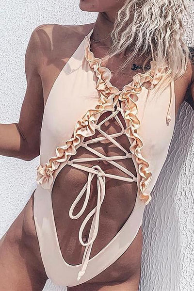 Ruffles Lace Up One Pieces Swimwear - girlyrose.com