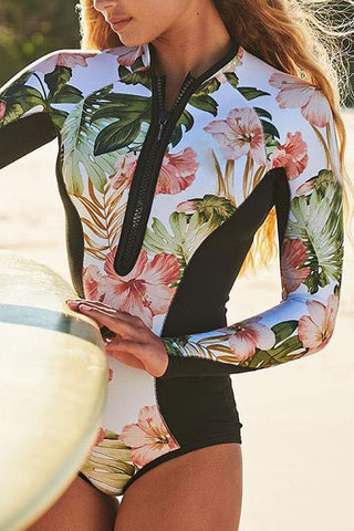 Leaf Print Zipper Long Sleeve One Piece Swimwear - girlyrose.com