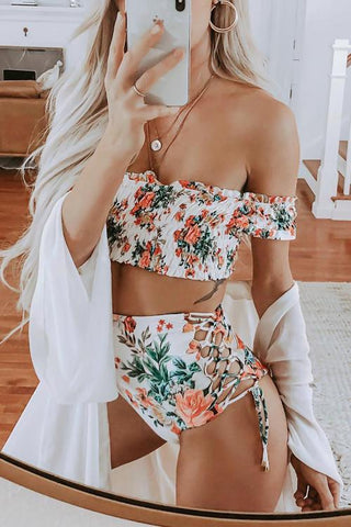 Floral Print Lace Up Bikini Set - girlyrose.com