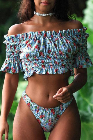 Floral Print Off Shoulder Bikini Set - girlyrose.com