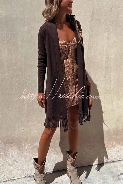 Like Totally Fringe Hem Pocketed Long Sleeve Midi Cardigan