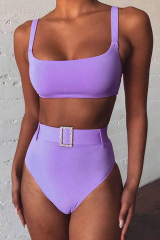 Solid High Waist Bikini Set With Belt - girlyrose.com