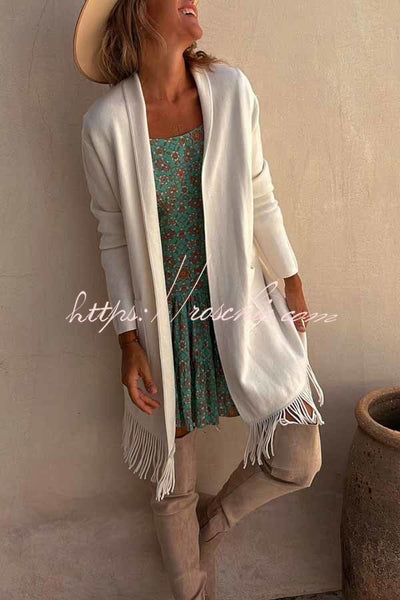 Like Totally Fringe Hem Pocketed Long Sleeve Midi Cardigan