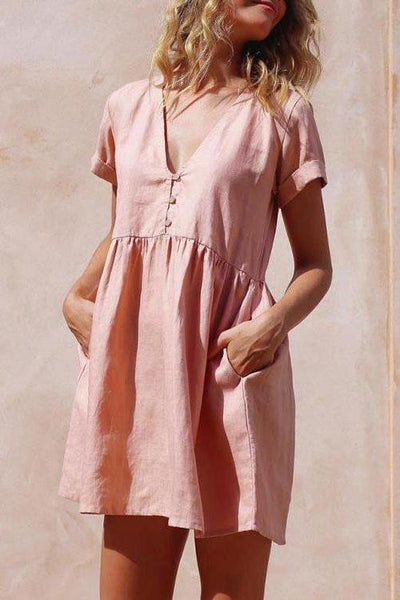 Linen V Neck Pockets Mini Dress - girlyrose.com