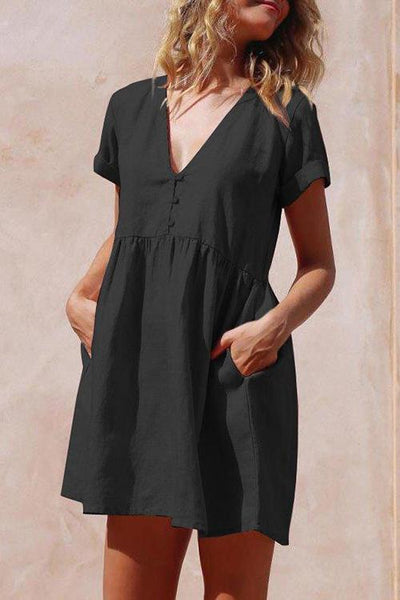 Linen V Neck Pockets Mini Dress - girlyrose.com