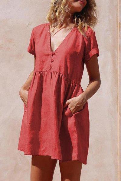 Linen V Neck Pockets Mini Dress - girlyrose.com