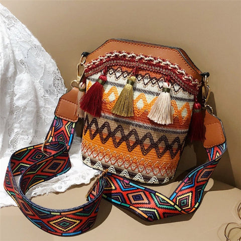 Fashion Casual Patchwork Ethnic Print Tassel Design Crossbody Bag