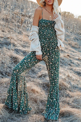 Fashion Living Print Patchwork Spaghetti Strap Boot Cut Jumpsuits