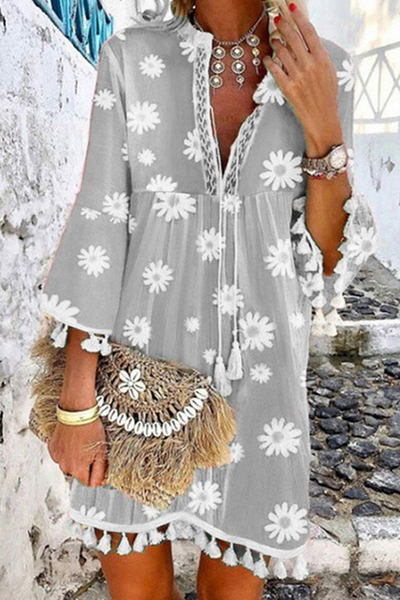 Elegant Patchwork Floral Tassel V Neck A Line Dresses