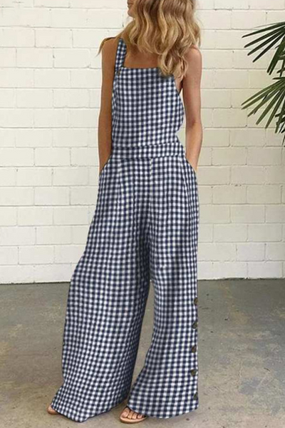 Casual Plaid Buttons Square Collar Straight Jumpsuits(4 Colors)