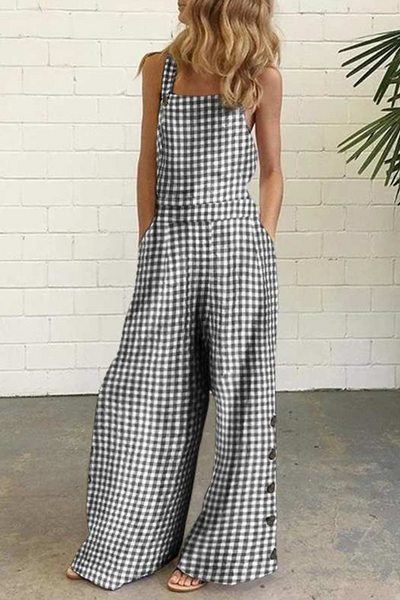 Casual Plaid Buttons Square Collar Straight Jumpsuits(4 Colors)