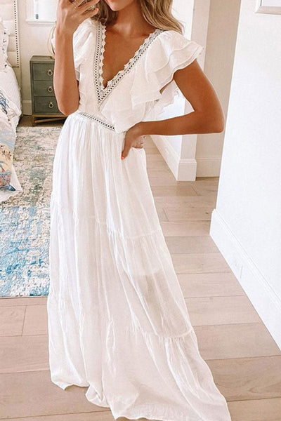 Fashion Simplicity Solid V Neck A Line Maxi Dresses