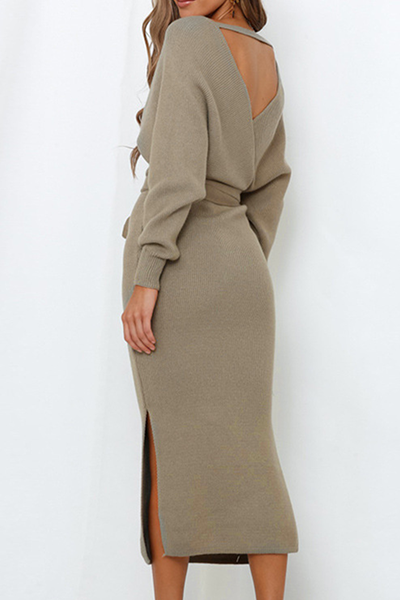 Casual Elegant Solid Backless Slit Strap Design V Neck Pencil Skirt Dresses