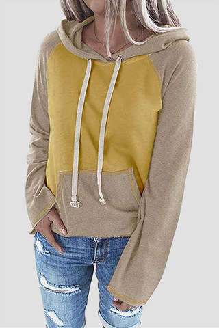 Casual Patchwork Draw String Pocket Hooded Collar Tops(7 Colors)