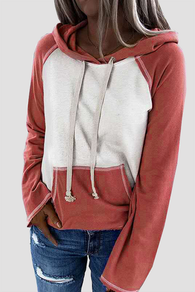 Casual Patchwork Draw String Pocket Hooded Collar Tops(7 Colors)