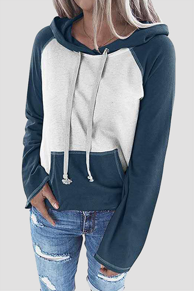 Casual Patchwork Draw String Pocket Hooded Collar Tops(7 Colors)
