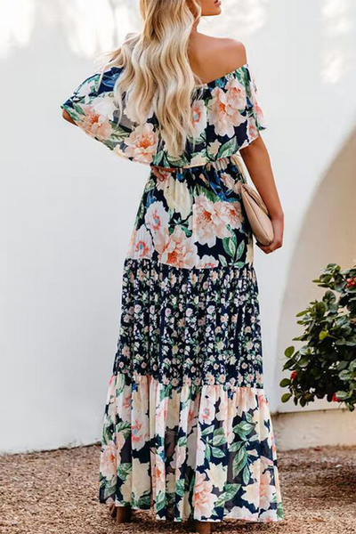 Fashion Print Flounce Off the Shoulder Cake Skirt Dresses