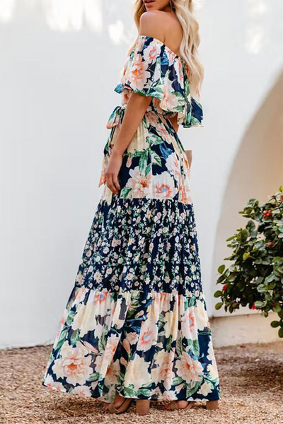 Fashion Print Flounce Off the Shoulder Cake Skirt Dresses