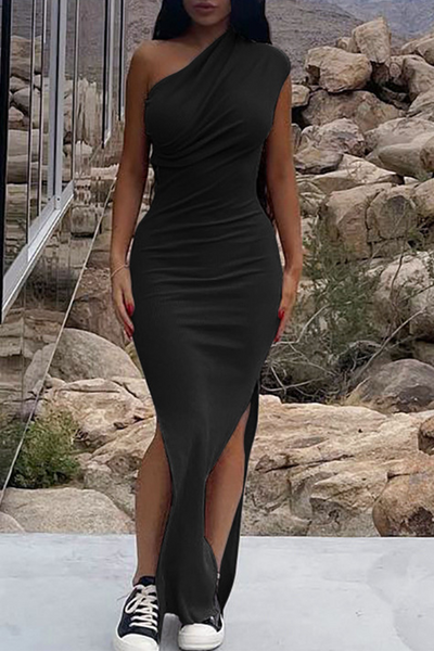 Fashion Solid Slit One Shoulder Pencil Skirt Dresses