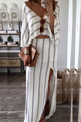 Fashion Striped High Opening V Neck Long Sleeve Two Pieces