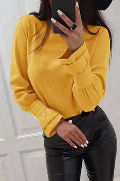 Casual Solid Flounce O Neck Tops