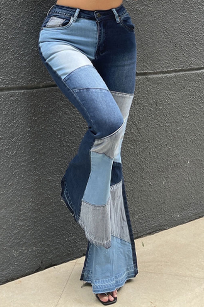 Casual Patchwork Tear High Waist Boot Cut Denim Jeans