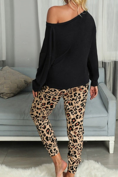 Street Leopard Patchwork Printing Asymmetrical Collar Long Sleeve Two Pieces