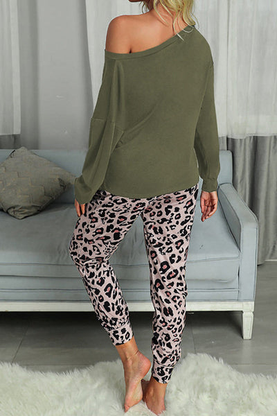 Street Leopard Patchwork Printing Asymmetrical Collar Long Sleeve Two Pieces